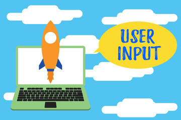 Poster - Conceptual hand writing showing User Input. Concept meaning Any information or data that is sent to a computer for processing Launching rocket up laptop Startup Developing goal objective
