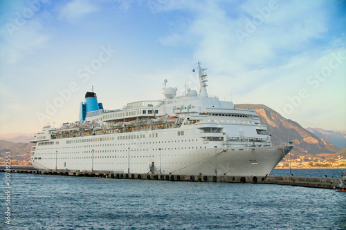 Beautiful white giant luxury cruise ship