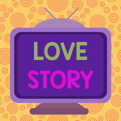 Text sign showing Love Story. Business photo text it is something such as a novel or movie about a love affair Square rectangle old multicoloured painting television picture wood design