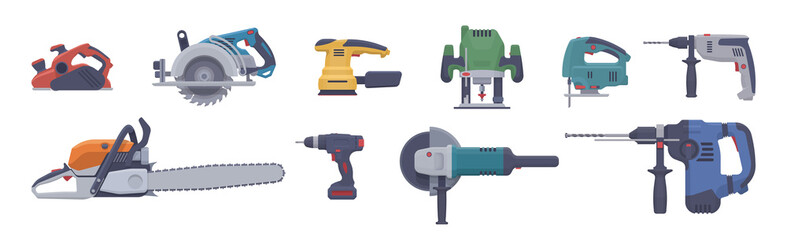 Vector power tool set. Isolated electric tools. Flat illustration