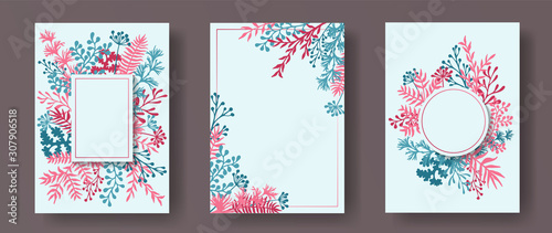 Hand drawn herb twigs, tree branches, flowers floral invitation cards set. Bo...