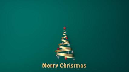 Gold spiral form to Christmas tree with ball hang on it and red star on top of tree that above merry christmas text with 3d rendering.