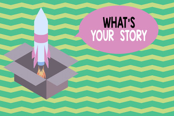 Poster - Word writing text What S Your Story. Business photo showcasing asking someone tell me about himself Share experience Fire launching rocket carton box. Starting up project. Fuel inspiration