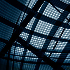 Poster - Digitally rendered image of grid structures. Modern architecture with hi-tech transparent glass panels roof and ceiling. Contrast abstract geometric background with checkered pattern.