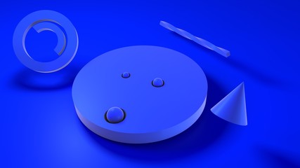 Poster - 3D rendering of a background composition of several blue geometric shapes on a blue background. Minimalism of geometric design. Idea for screensavers on desktop, Wallpaper, lock screen..