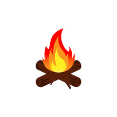 Wall Mural - Camp fire icon. Bonfire burning on firewood sign on white background. Vector.