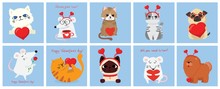 Vector Illustration Card With Cute Cartoon Little Valentine Cats, Dogs, Rats In Love And Funny Greeting Text Happy Valentine's Day