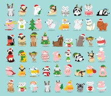 Vector Illustration Of Christmas Cats, Rats, Pigs And Dogs With Christmas And New Year Greetings. Cute Pets With Holiday Hats