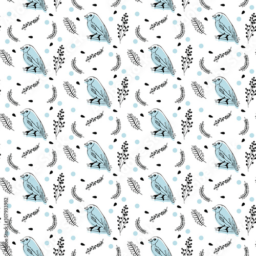 floral-seamless-pattern-with-birds-cartoon-vector-background-birds-on-a-tree-branches-seamless-pattern-vector-illustration