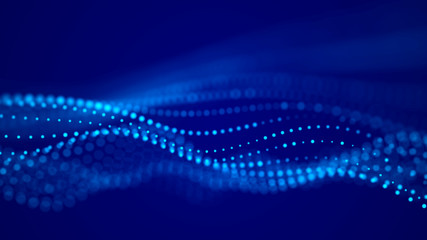 Wave of particles. Futuristic blue dots background with a dynamic wave. Big data. 3d rendering.