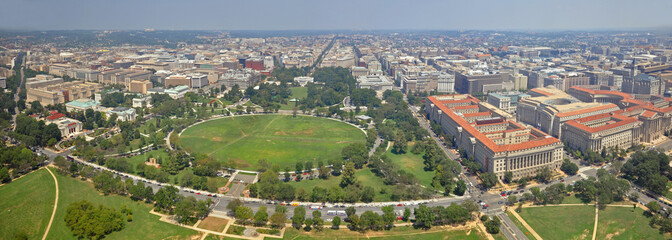 Washington DC city, White House and the Ellipse north panorama aerial view from the top of Washington Monument, Washington, District of Columbia DC, USA.