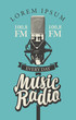 © paseven - Vector banner for music radio station with microphone and inscription in retro style. Radio broadcasting concept with studio mic on blue background. Suitable for flyer, ad, poster, placard