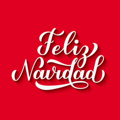 Feliz Navidad calligraphy hand lettering with shadow on red background. Merry Christmas typography poster in Spanish. Easy to edit vector template for greeting card, banner, flyer, invitation, etc.