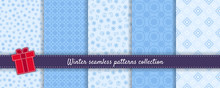 Christmas Seamless Patterns Collection. Vector Set Of Winter Holiday Background Swatches. Cute Modern Abstract Textures With Snowflakes, Gifts, Scandinavian Nordic Ornament. Blue Colored Repeat Design