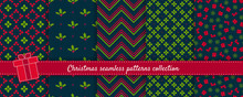 Christmas Seamless Patterns Collection. Vector Set Of Winter Holiday Background Swatches. Cute Modern Colorful Abstract Textures With Snowflakes, Mistletoes, Gifts, Nordic Ornaments. Elegant Design
