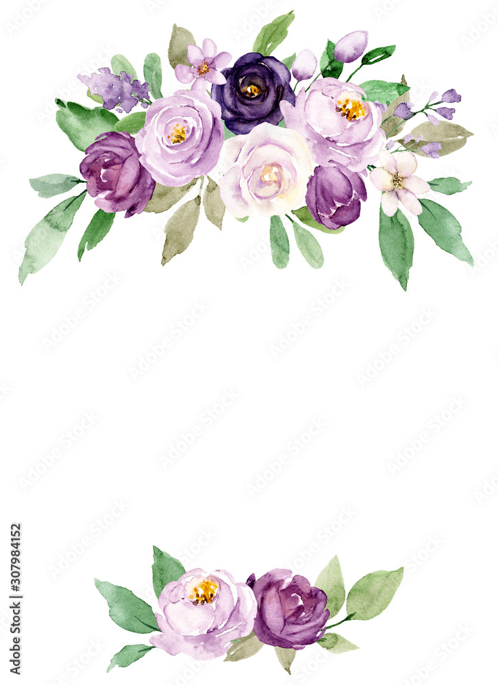 Greeting card template with watercolor flowers, floral frame with ...
