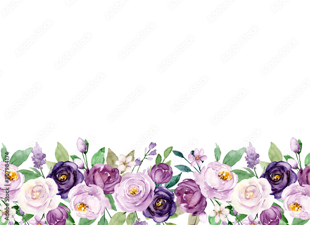 Greeting card template with watercolor flowers, floral frame with ...