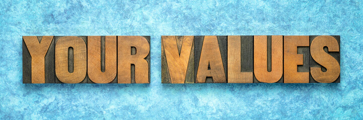 Wall Mural - your values -  word abstract in wood type