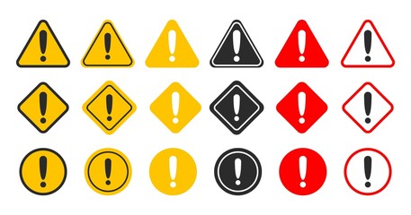 Caution alarm set. Danger sign collection. Attention vector icon. Yellow and red fatal error message element.