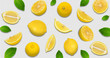 Minimal pastel style creative layout made of lemon and leaves , half of lemon , slide, piece. flat lay. Fruit concept.isolated on transparent background