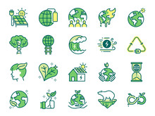 Ecology Icon Set. Included Icons As Eco Product, Clean Energy, Renewable Power, Recycle, Reusable, Go Green And More.