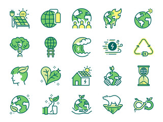ecology icon set. included icons as eco product, clean energy, renewable power, recycle, reusable, g