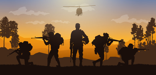 Sticker - Military vector illustration, Army background, soldiers silhouettes.	