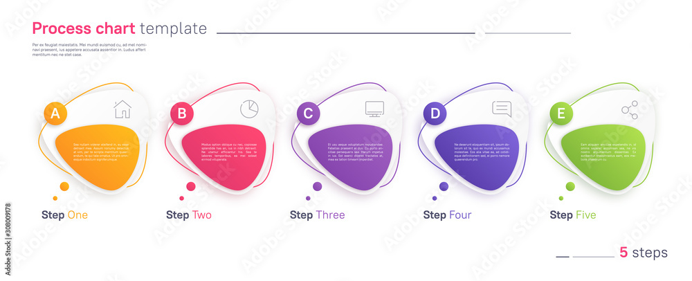 Vector process chart infographic template in the form of horizontal row composed of triangular rounded shapes. Five steps - obrazy, fototapety, plakaty 