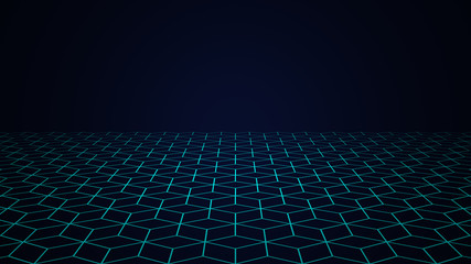 Wall Mural - Perspective view of cube square box or Honeycomb Grid tile with light sky blue with dark border gradient background shadow for use as technology background.