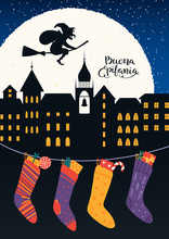 Hand Drawn Vector Illustration With Witch Befana Flying On Broomstick Over City, Stockings, Italian Text Buona Epifania, Happy Epiphany. Flat Style Design. Concept For Holiday Card, Poster, Banner.