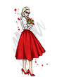 Beautiful girl in a long skirt and a blouse. Stylish woman with long hair and a bouquet of tulips. Spring and flowers, fashion and style, clothes, accessories. Vector illustration for a card or poster