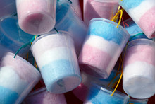 Colorful Cotton Candy In Buckets, Candy Stand