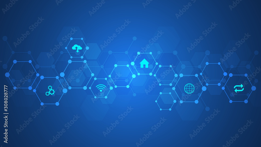 Technology background with flat icons and symbols. Concept and idea for internet of things, communication, network, innovation technology, system integration. Vector illustration. - obrazy, fototapety, plakaty 