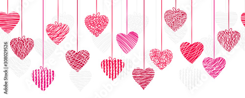 Photographie Cute hand drawn doodle hearts horizontal seamless pattern, romantic background,