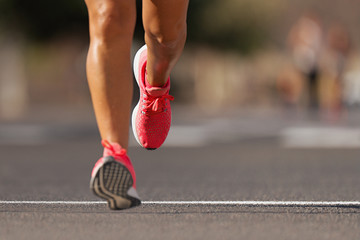 Poster - Athlete runner feet running on road close up on shoe , marathon running race