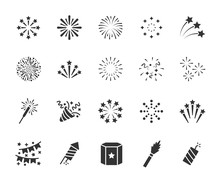 Vector Set Of Firework Flat Icons. Contains Icons Of Firecracker, Sparkler, Salute, Petard, Firework Box And More. Pixel Perfect, Scalable 24, 48, 96 Pixels.