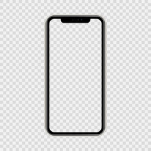 Realistic Smartphone The Shape Of A Modern Mobile Phone Designed 2019 To Have A Thin Edge. Mockup Empty Screen, Isolated On Transparent Background. Vector Illustration.