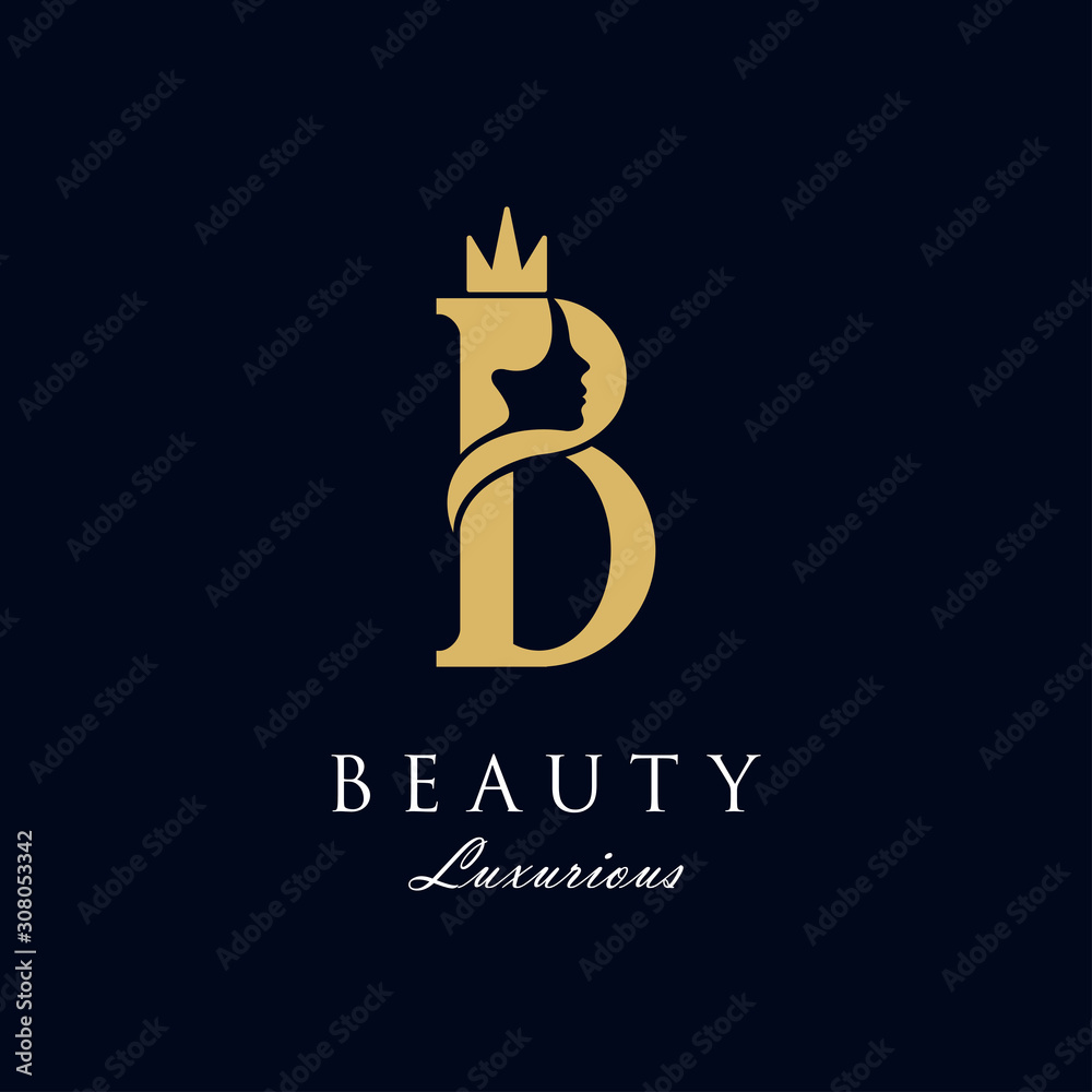 initial B luxury beauty queen woman face with crown logo design vector ...