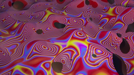 Poster - Computer generated abstract dark background. 3d rendering of appearance of colored striped spots on a rotating wavy surface