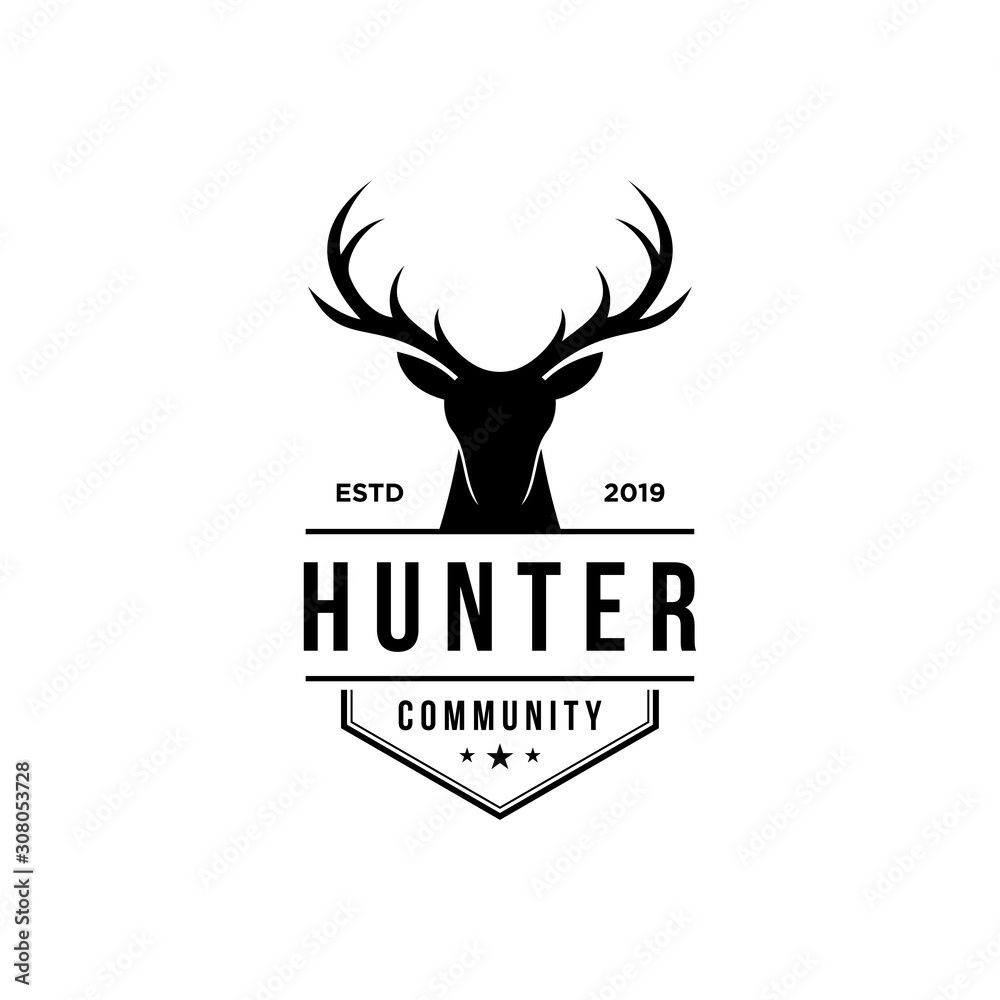 deer hunter logo badge emblem label design template. vector illustration of deer head silhouette and arrow. hunter club deer hunting symbol icon Adobe Stock
