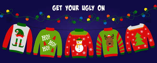 Ugly sweater party banner, background or invitation with hanging lights string and different sweaters. Christmas holiday decoration. Layout template. Get your ugly on text.