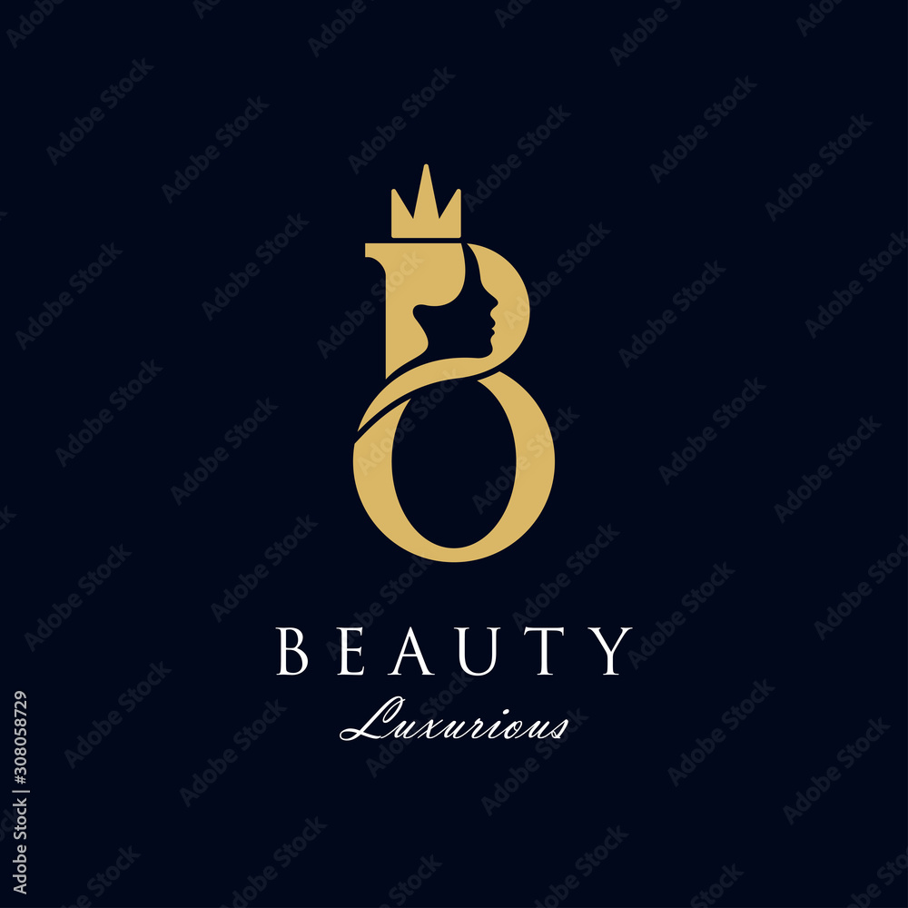 initial B O luxury beauty queen woman face with crown logo design ...
