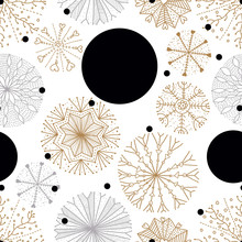 Cute Winter Seamless Pattern With Gold Decorative Snowflakes. Can Be Used In Textile Industry, Paper, Background, Scrapbooking.