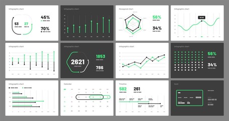 Fototapete - Elements of infographics on a white and black background. Use in presentation templates, flyer, leaflet and corporate report. Dashboard UI and UX Kit with big data visualization.