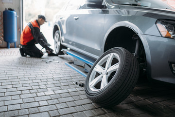 Wall Mural - Repairman with pneumatic wrench unscrews the wheel