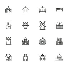 Landmarks Line Icon Set. House, Bridge, Mill, Fountain. Architecture Concept. Can Be Used For Topics Like Suburb, Country, Home