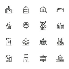 Poster - Landmarks line icon set. House, bridge, mill, fountain. Architecture concept. Can be used for topics like suburb, country, home