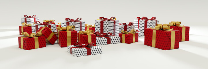 Christmas Background with xmas presents, Red and White Gift boxes wrapped with gold and red ribbons, panoramic large banner with copy space for text on white background.