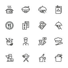 Poster - Restaurant service line icon set. Set of line icons on white background. Menu, stewpan, plate, chef. Food concept. Vector illustration can be used for topics like eating, drinking, resting