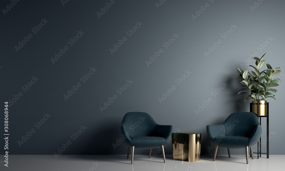 Modern cozy living room and blue wall texture background interior design / 3D rendering - obrazy, fototapety, plakaty 